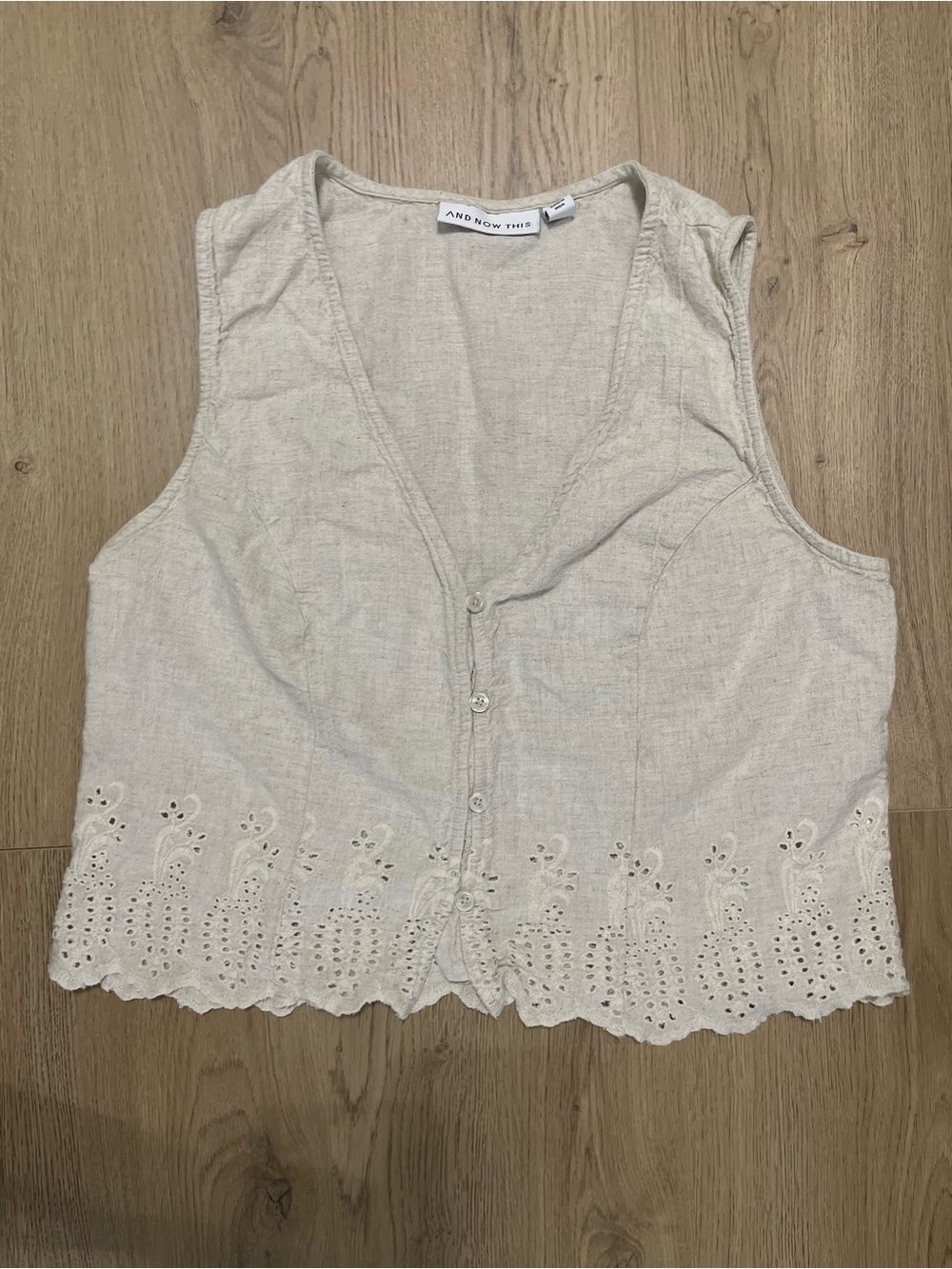 And Now This Anthropologie Cream Eyelet Linen Blend Button Front Top (L)